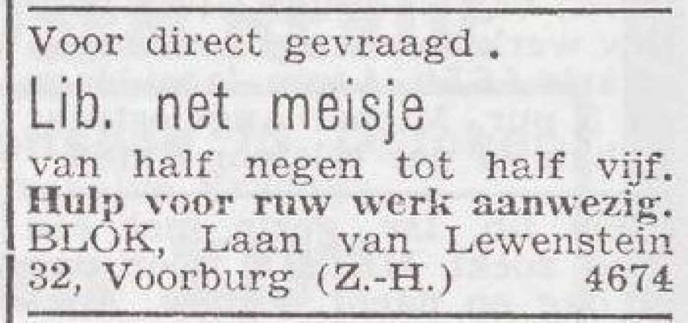Advertentie 'personeel gevraagd' van het gezin Blok
Bron: Het Joodsche Weekblad, 10 oktober 1941