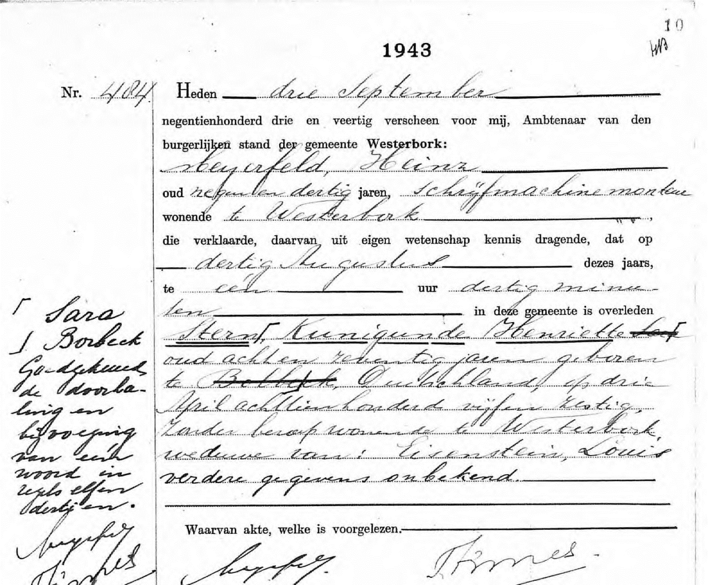 Overlijdensakte van Kunigunde Henriette Stern, opgemaakt in Westerbork Overlijdensakte van Kunigunde Henriette Stern, opgemaakt in Westerbork