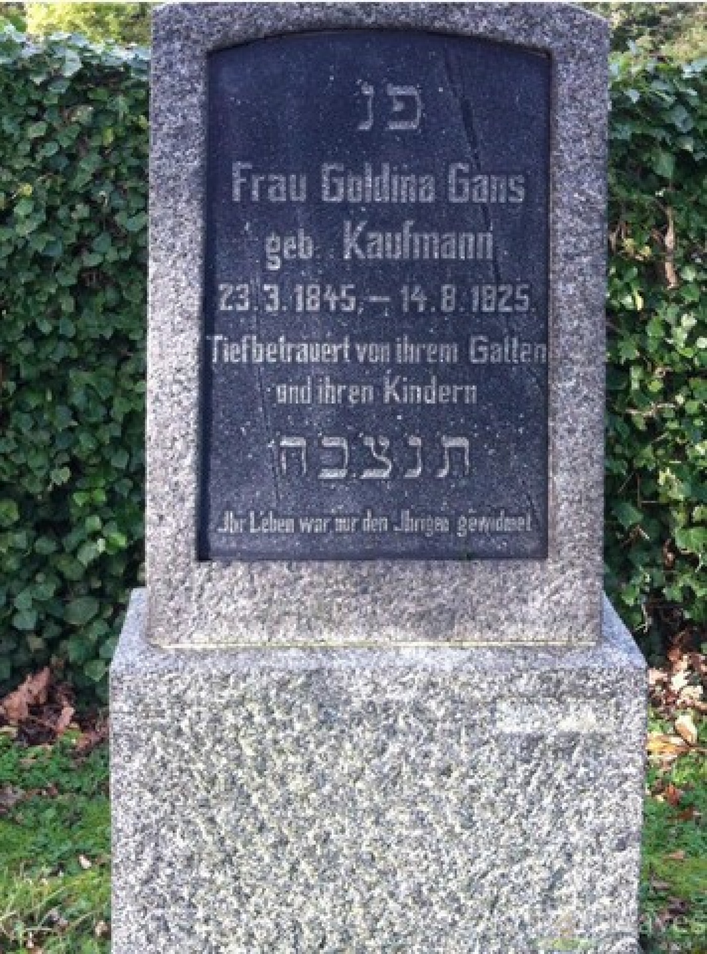 Grafsteen van Hubertine/Goldina Gans-Kaufmann (1845 – 1925), de moeder van Eva Pincus-Gans Grafsteen van Hubertine/Goldina Gans-Kaufmann (1845 – 1925), de moeder van Eva Pincus-Gans