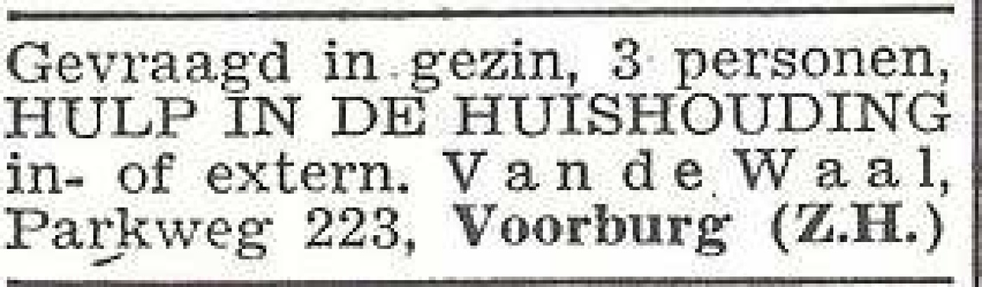 Advertentie van het gezin Marianna Rozetta van de Waal in Het Joodsche Weekblad, 6 maart 1942 Advertentie van het gezin Marianna Rozetta van de Waal in Het Joodsche Weekblad, 6 maart 1942