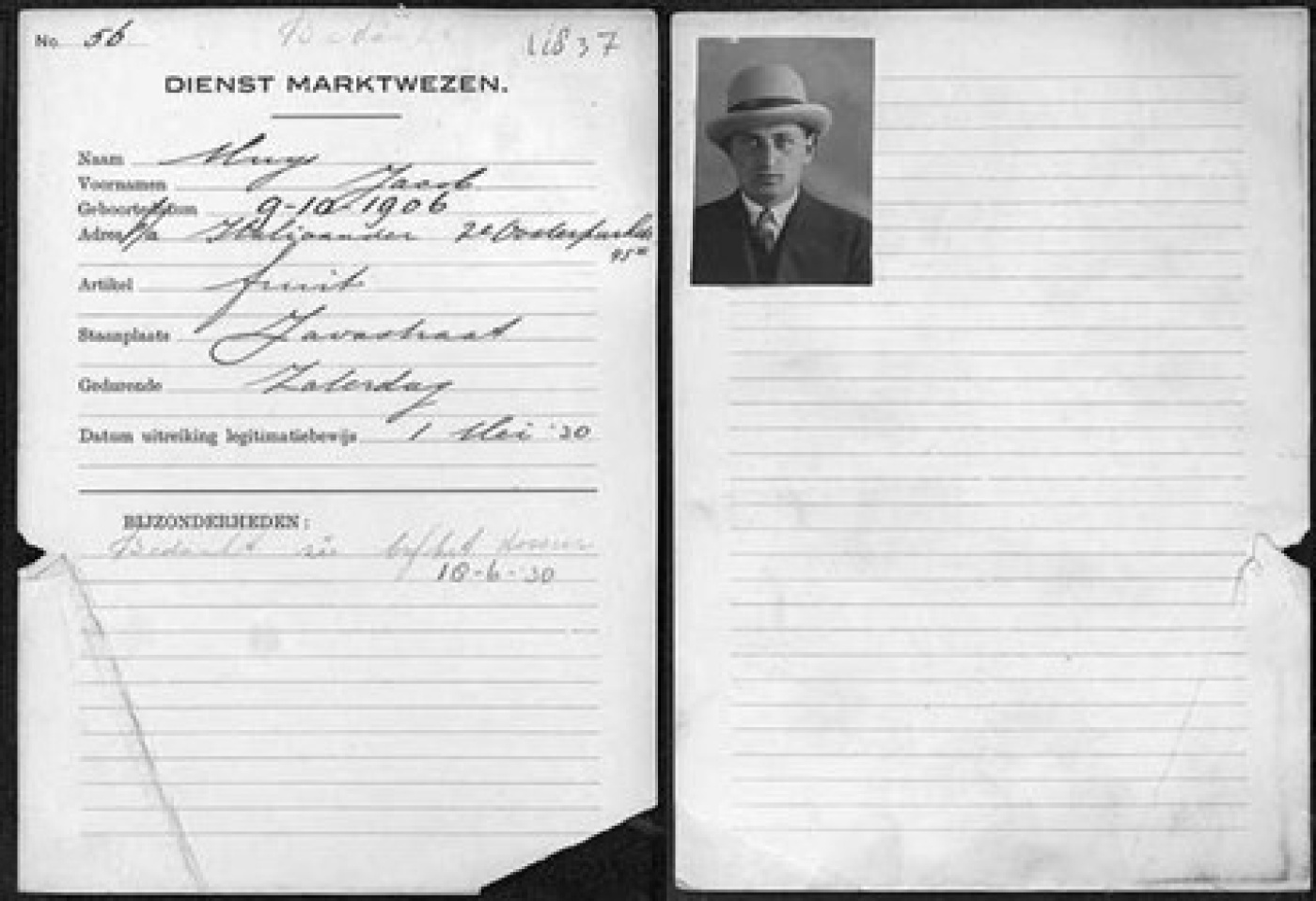 Marktvergunning Jacob Muijs uitgeschreven 18-06-1930, Stadsarchief Amsterdam. Marktvergunning Jacob Muijs uitgeschreven 18-06-1930, Stadsarchief Amsterdam.